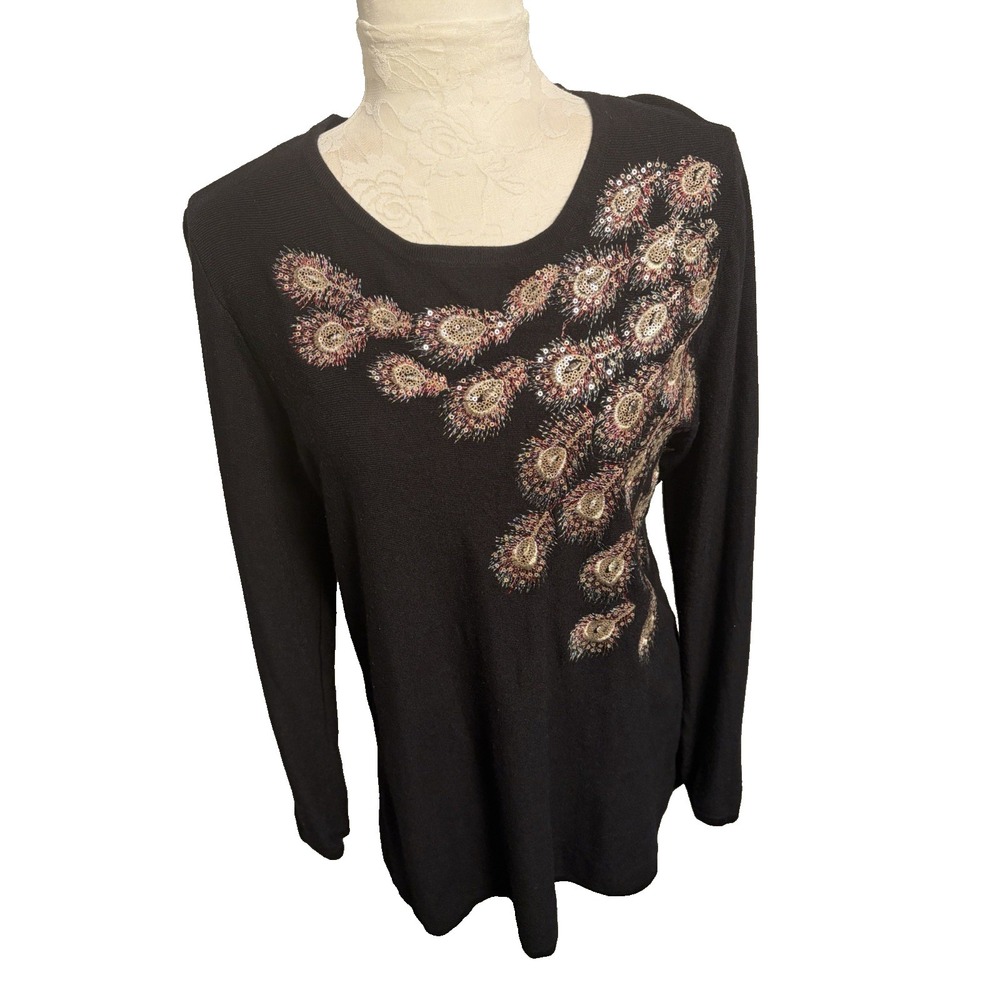 Alfani Black Knit Pullover Sweater Tunic~M~ Embroidered Peacock Feather Sequins